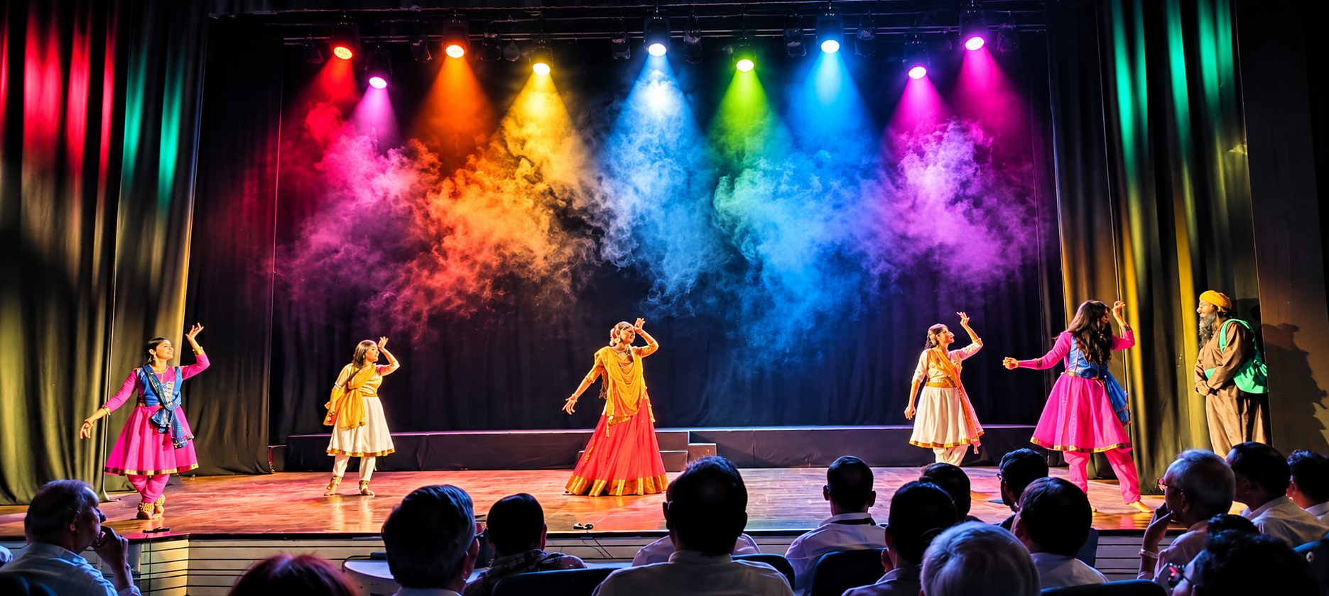 Performers on stage beneath colourful spotlights and smoke, with an audience in the foreground